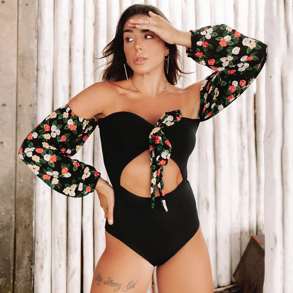 2021 New One Piece Swimsuit Print Retro Long Sleeve Swimwear Women Bandage Floral Bathing Suits Strappy Backless Beach Wear
