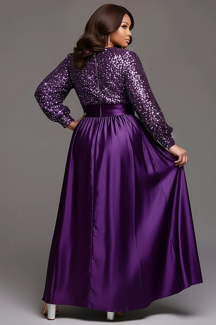 Xpluswear Design Plus Size Formal Purple Round Neck Long Sleeve Contrast Elegant Pocket Satin Sequin Maxi Dresses [Pre-Order]