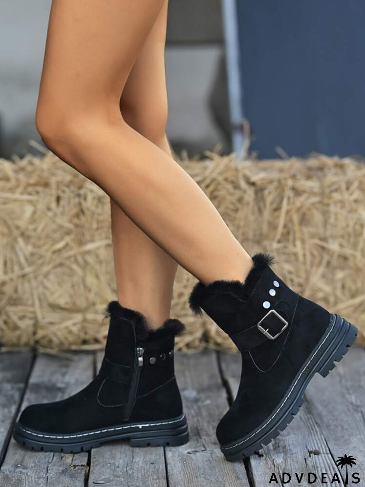 Buckle Decor Faux Suede Zip Side Snow Boots