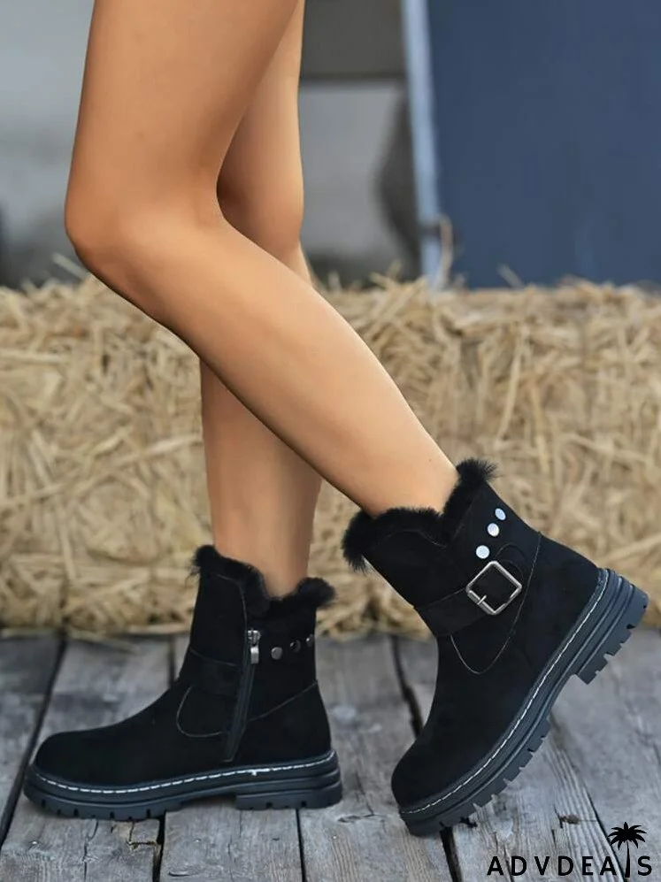 Buckle Decor Faux Suede Zip Side Snow Boots