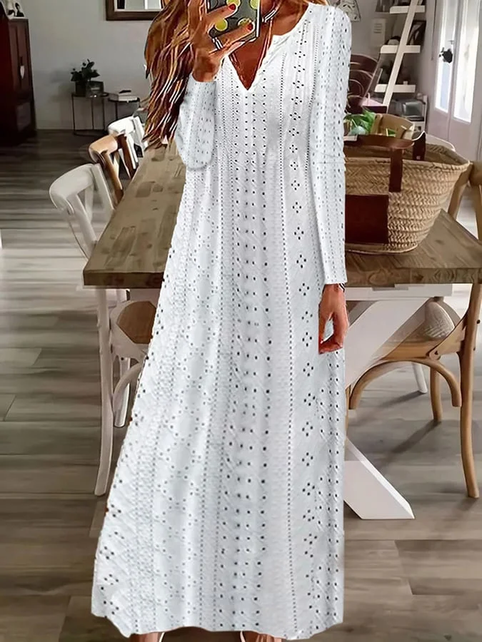 Women's Hollow Jacquard V-Neck Long Sleeve Loose Solid Color Dresses