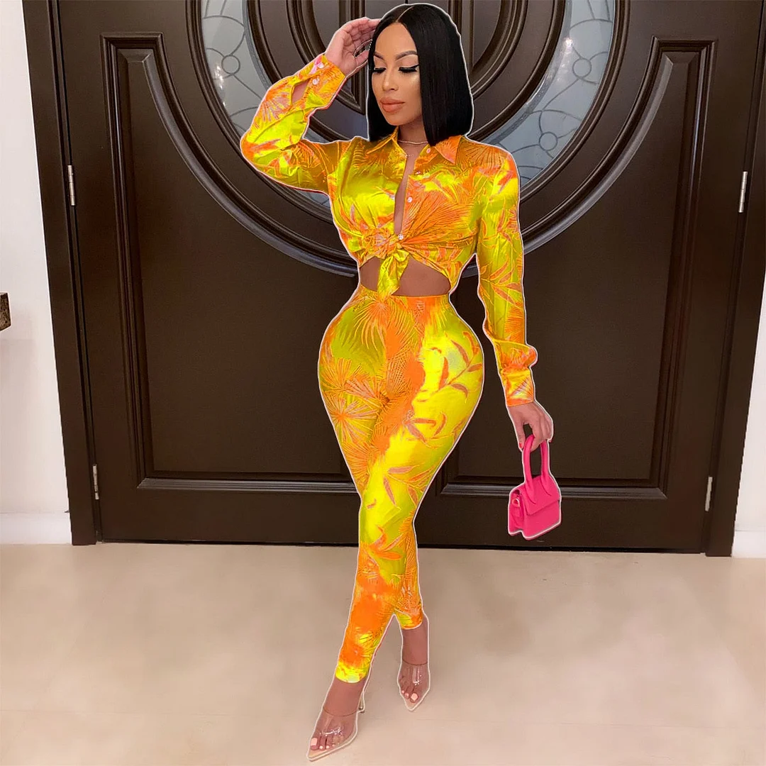 CM.YAYA Autumn Letter Leaf Print Women's Set Blouses Shirt Legging Pants Suit Active Wear Tracksuit Two Piece Set Fitness Outfit