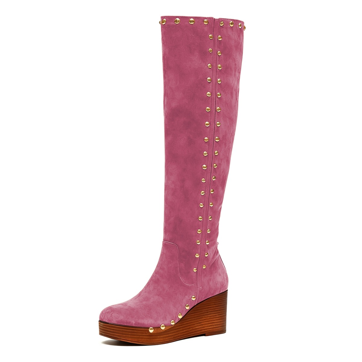 Pink Vegan Suede Studded Platform Wedge Heel Knee High Boots Nicepairs