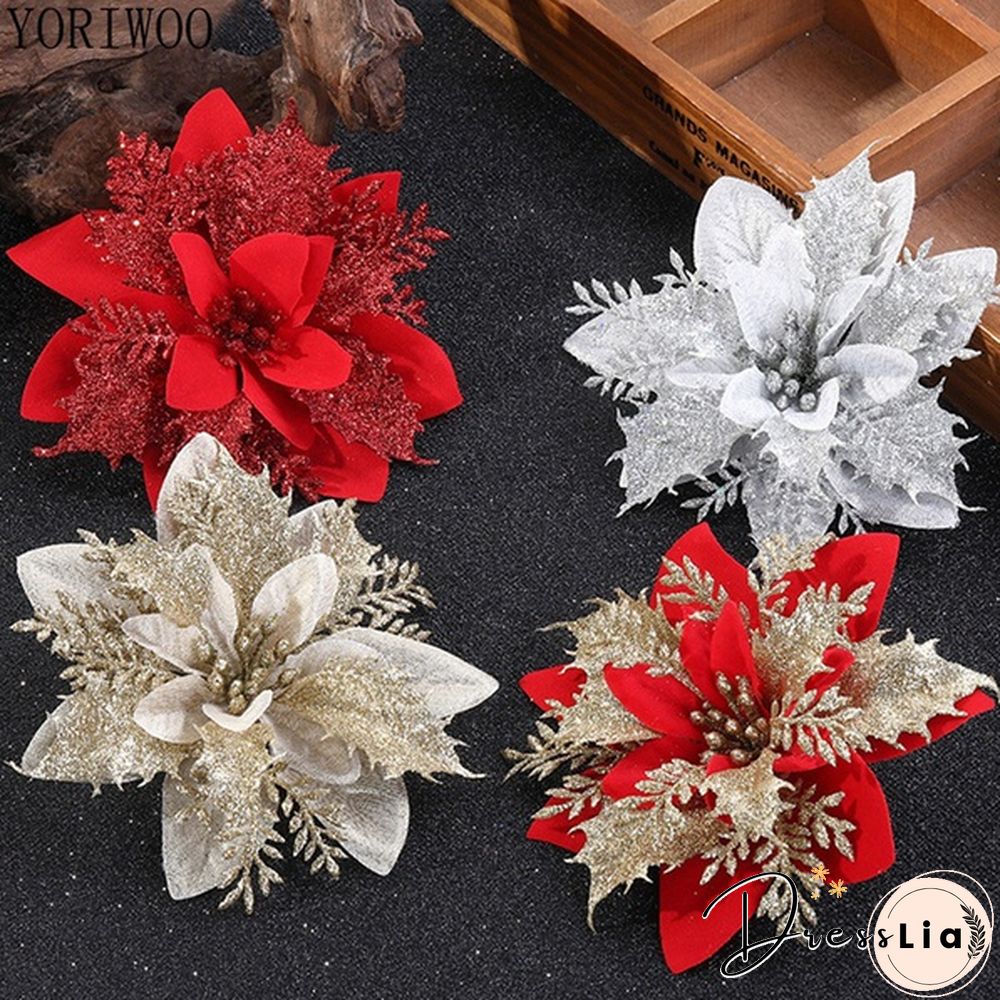 510Pcs Artificial Plastic Christmas Florals Glitter Fake Flowers Merry Tree Decorations