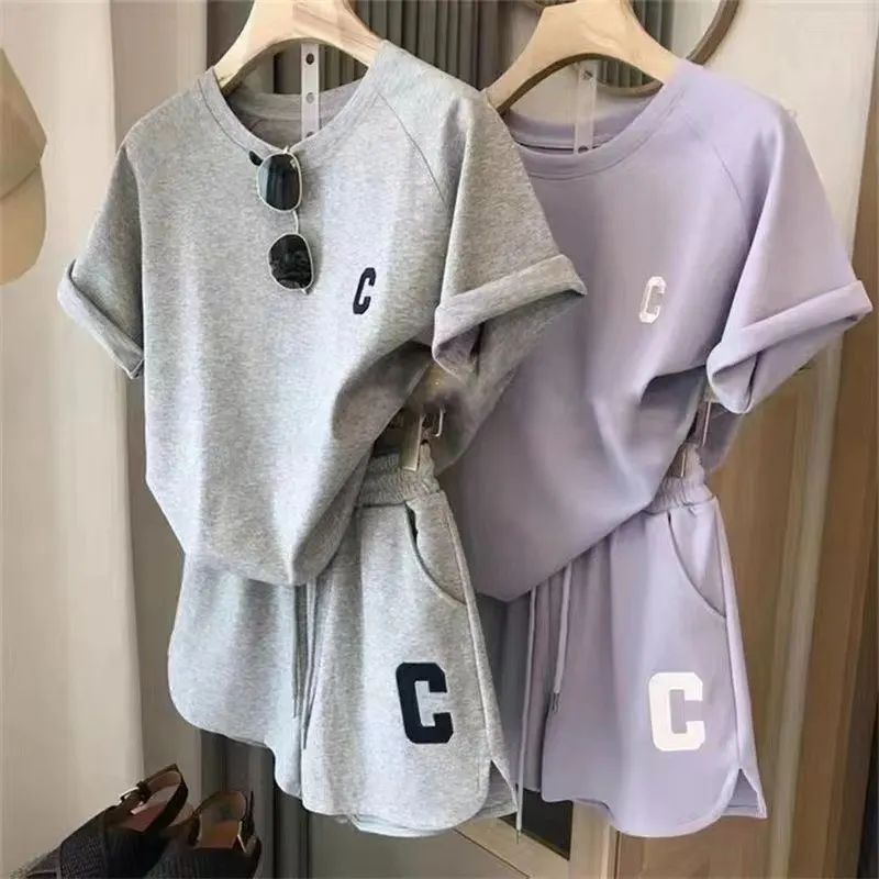 Women's Letter Print Short Sleeve T-Shirt and Drawstring Shorts 2 Piece Set