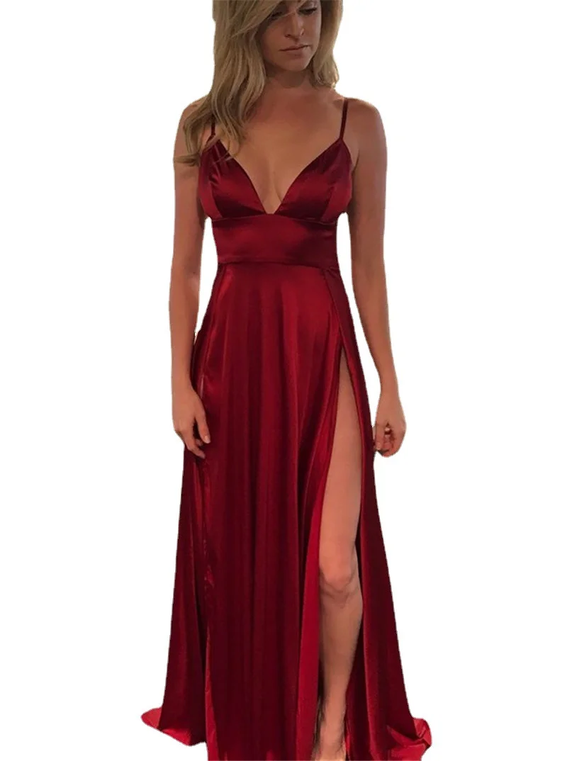 Uveng Uveng Forging Slings Deep V-Neck Bareback Official Picture Solid Color Open Forked Mid-Rise Long Skirt Temperament Commuting Women's Clothing