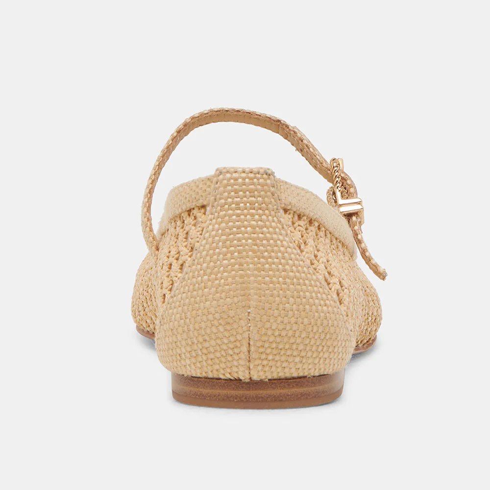 Beige Raffia Square Toe Woven Cut-Out Flat Shoes for Women