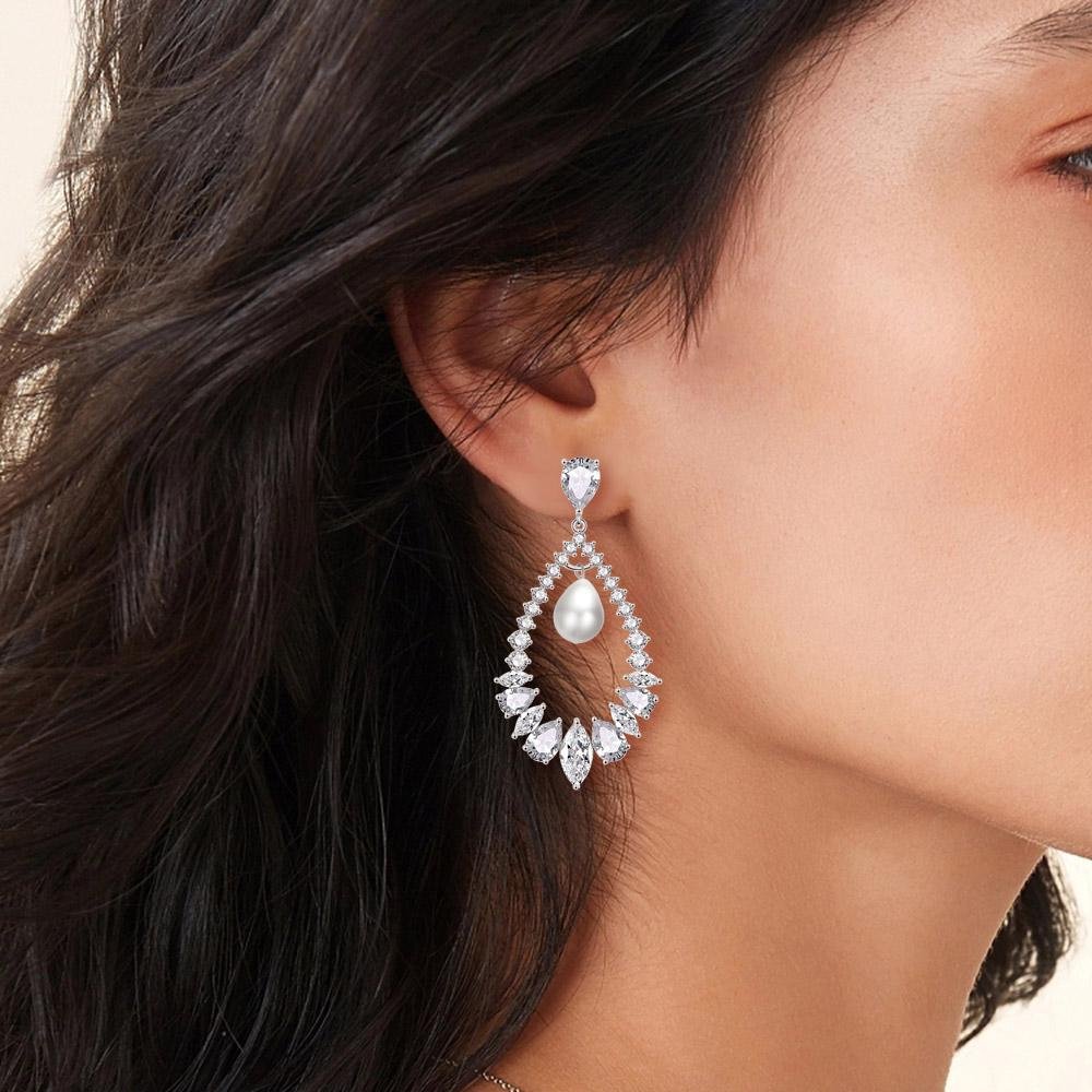 Hollow Marquise Cut Zirconia Pearl Drop Earrings For Women-VESSFUL