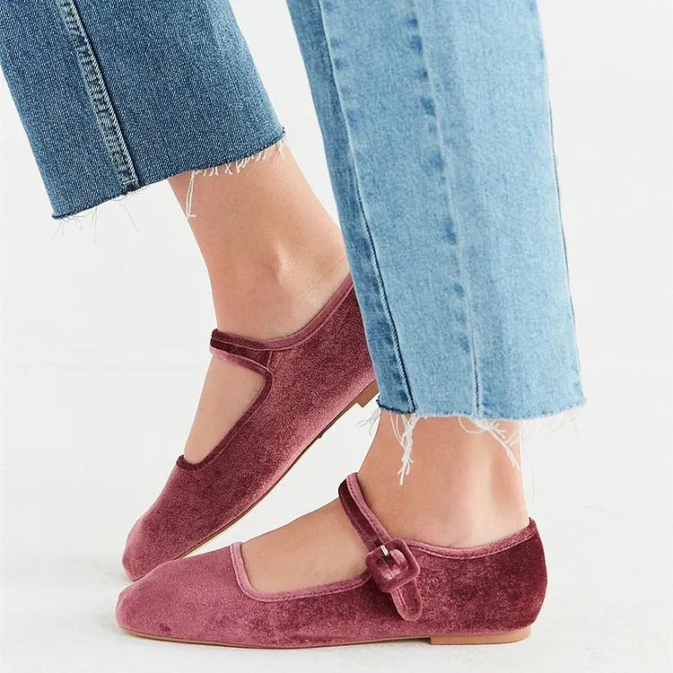 Maroon Square Toe Velvet Flats Mary Jane School Shoes Vdcoo