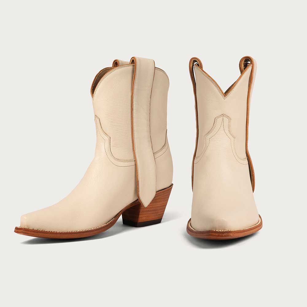 Ivory Snip Toe Chunky Heel Pull-On Cowgirl Ankle Boots for Women Nicepairs