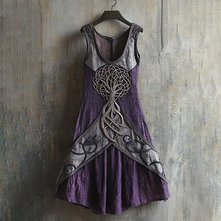 Vintage Viking Tribal Celtic Knot Tree Of Life Patchwork Art Linen Tank Dress