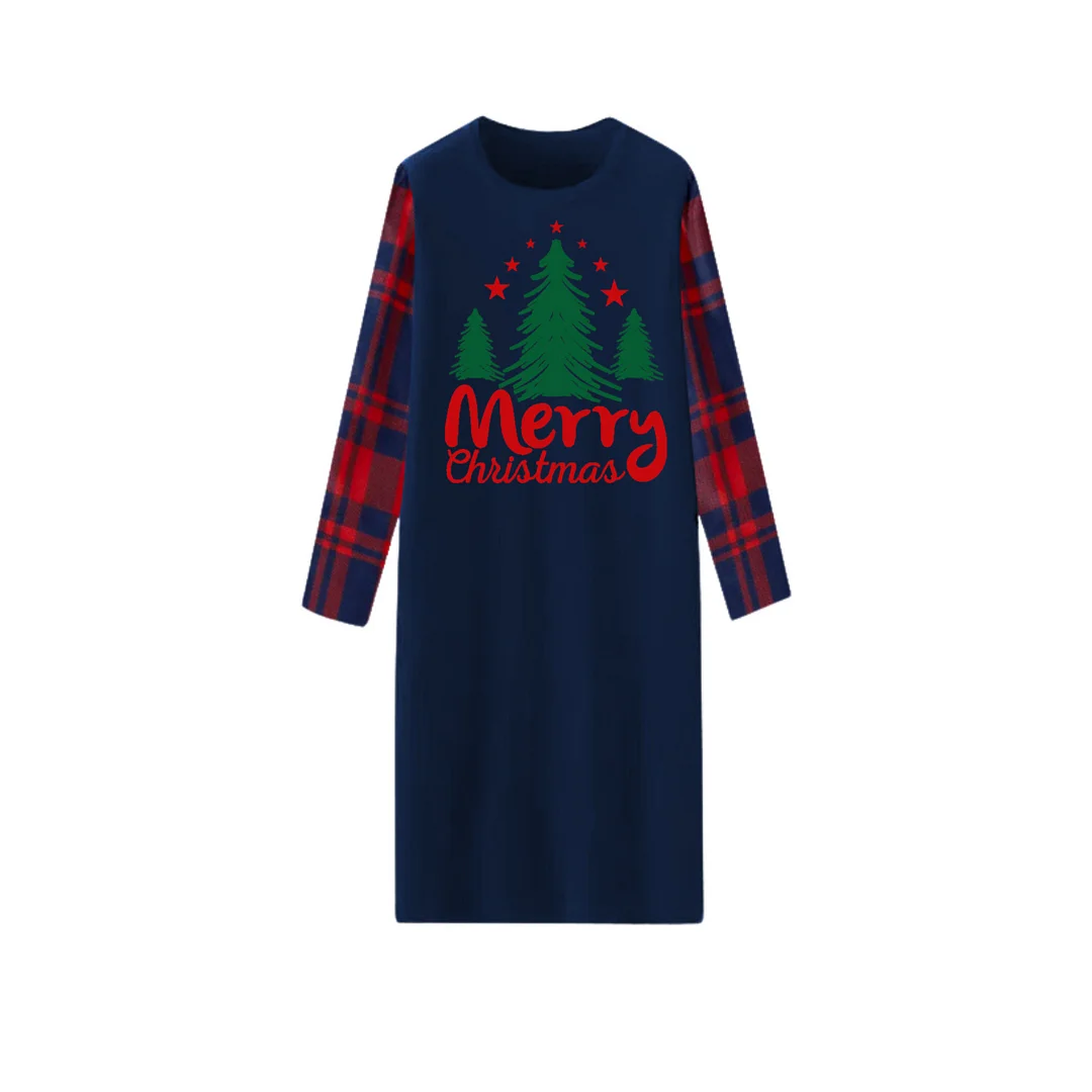 Green Christmas Tree "Merry Christmas" Letter Print Blue Long Sleeve Top with Red & Blue Plaid Couple Matching Pajamas