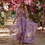 Bohème Pink Rose Sequin Light Pink V-neck Short-sleeved Dress - Image 8