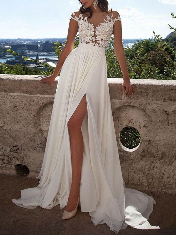 Lace Appliques Beach Wedding Dress Front Split