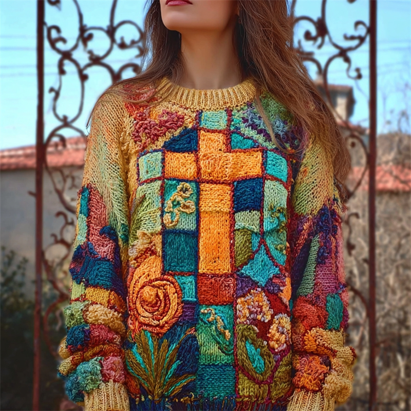 Christian Cross Floral Colorblock Cozy Knit Sweater elevenforest