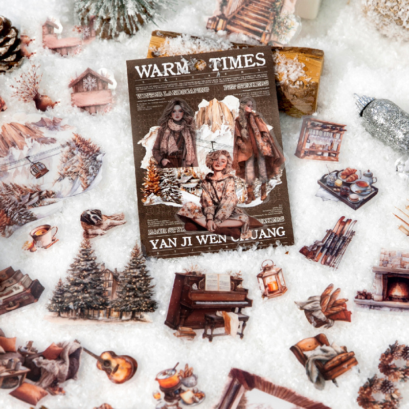 PET 스티커 - 따뜻한 순간 시리즈 빈티지 겨울 눈 덮인 집 캐릭터