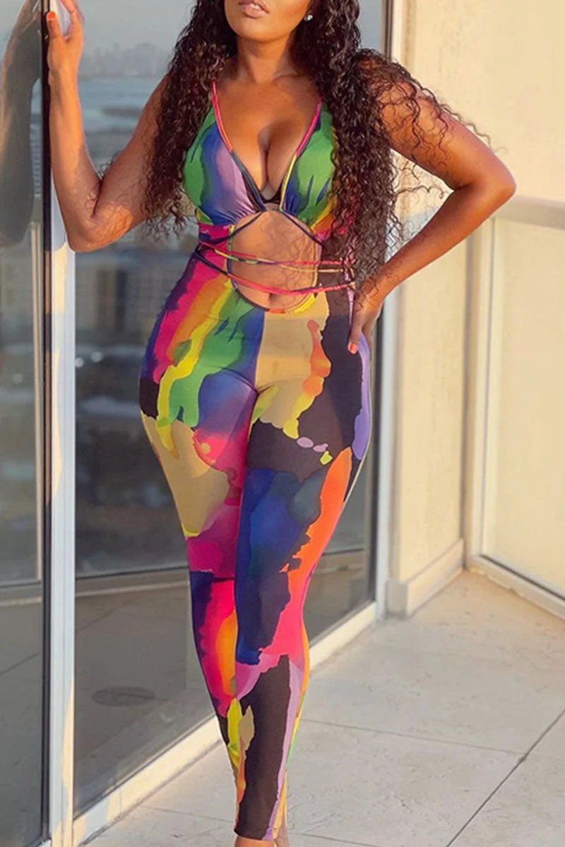 Sexy Print Hollowed Out Split Joint Frenulum V Neck Skinny Jumpsuits