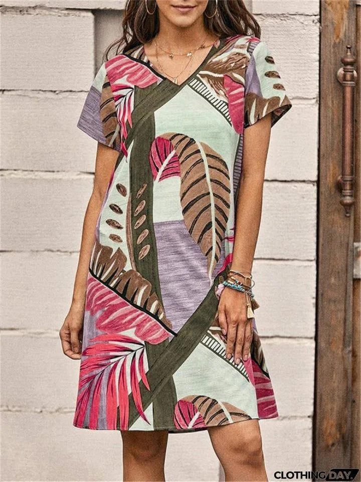 Women's Summer Banana Leaf Print V Neck Short Sleeve Dress