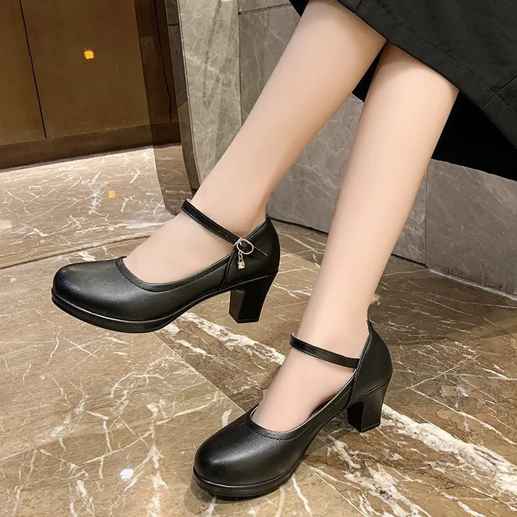 2022 New Women Dress Shoes Medium Heels Mary Janes Shoes Patent Leather Pumps Ankle Strap Ladies Shoe Office Zapatos Mujer