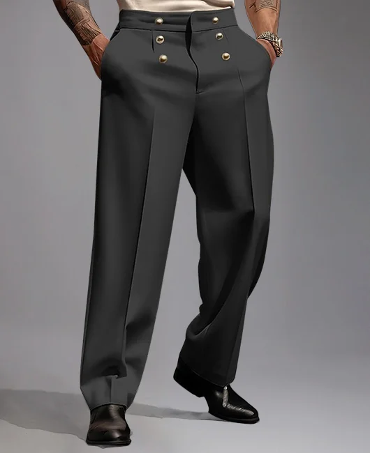Fashion Button Mid-Rise Straight Solid Suit Pants 