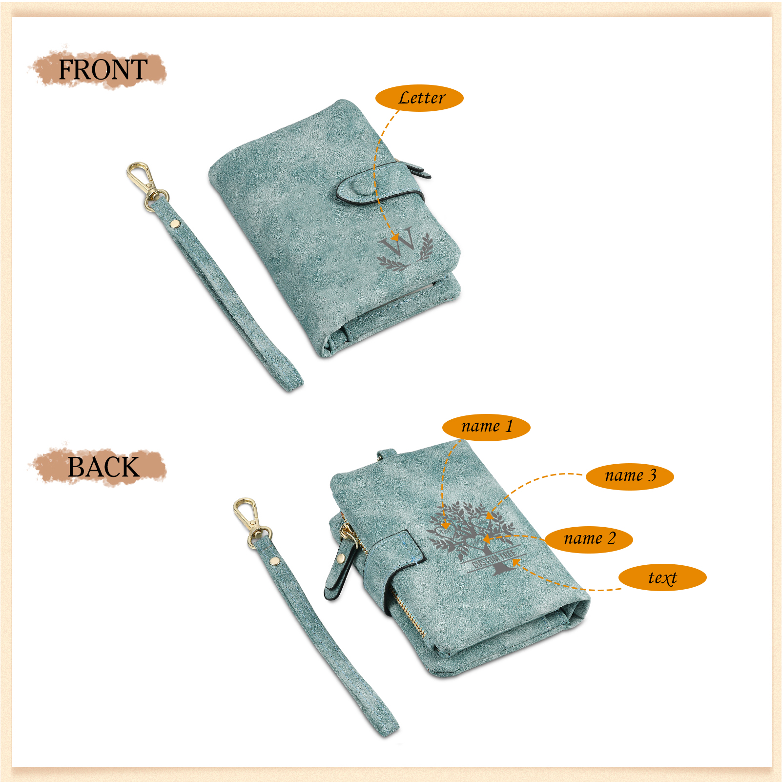 Portafoglio Albero della vita in PU pelle con 3 nomi & 1 testo & 1 lettera personalizzati per donna