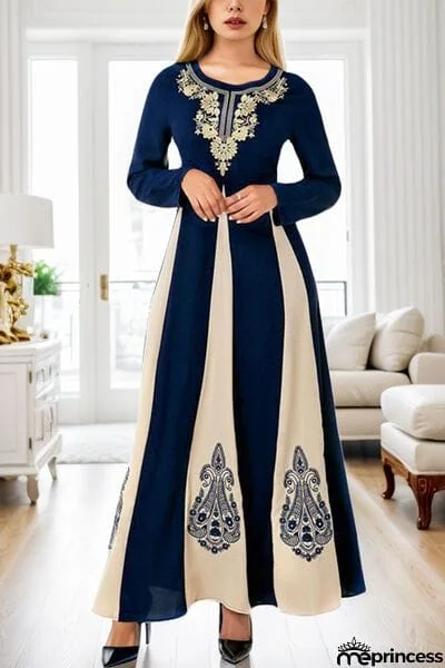 Printed Round Neck Long Sleeve Maxi Dress