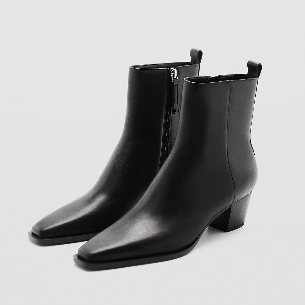 Black Square Toe Chunky Heel Side Zipper Short Boots for Women