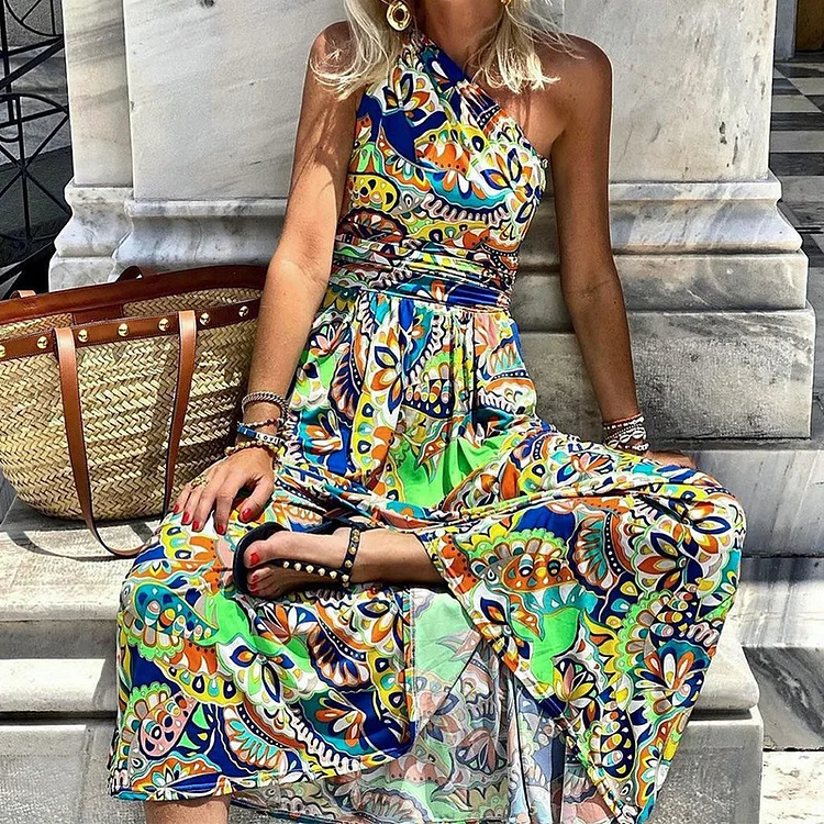 Versatile one-shoulder sleeveless printed dress