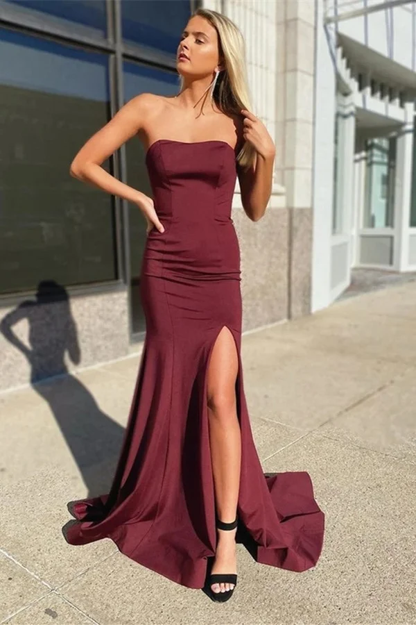 Bellasprom Burgundy Mermaid Prom Dress With Slit Lace-up Sweetheart