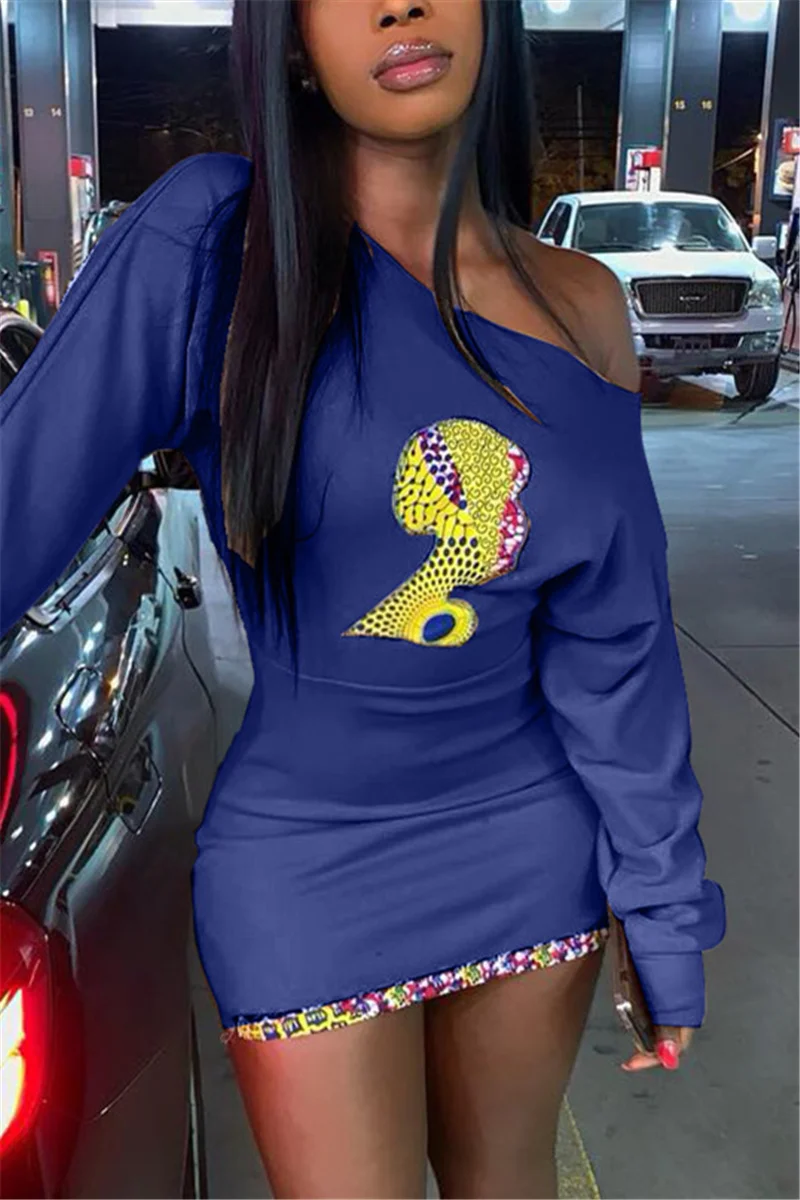 Dark Blue Casual Off The Shoulder Long Sleeves O neck Mini Print Dresses | EGEMISS
