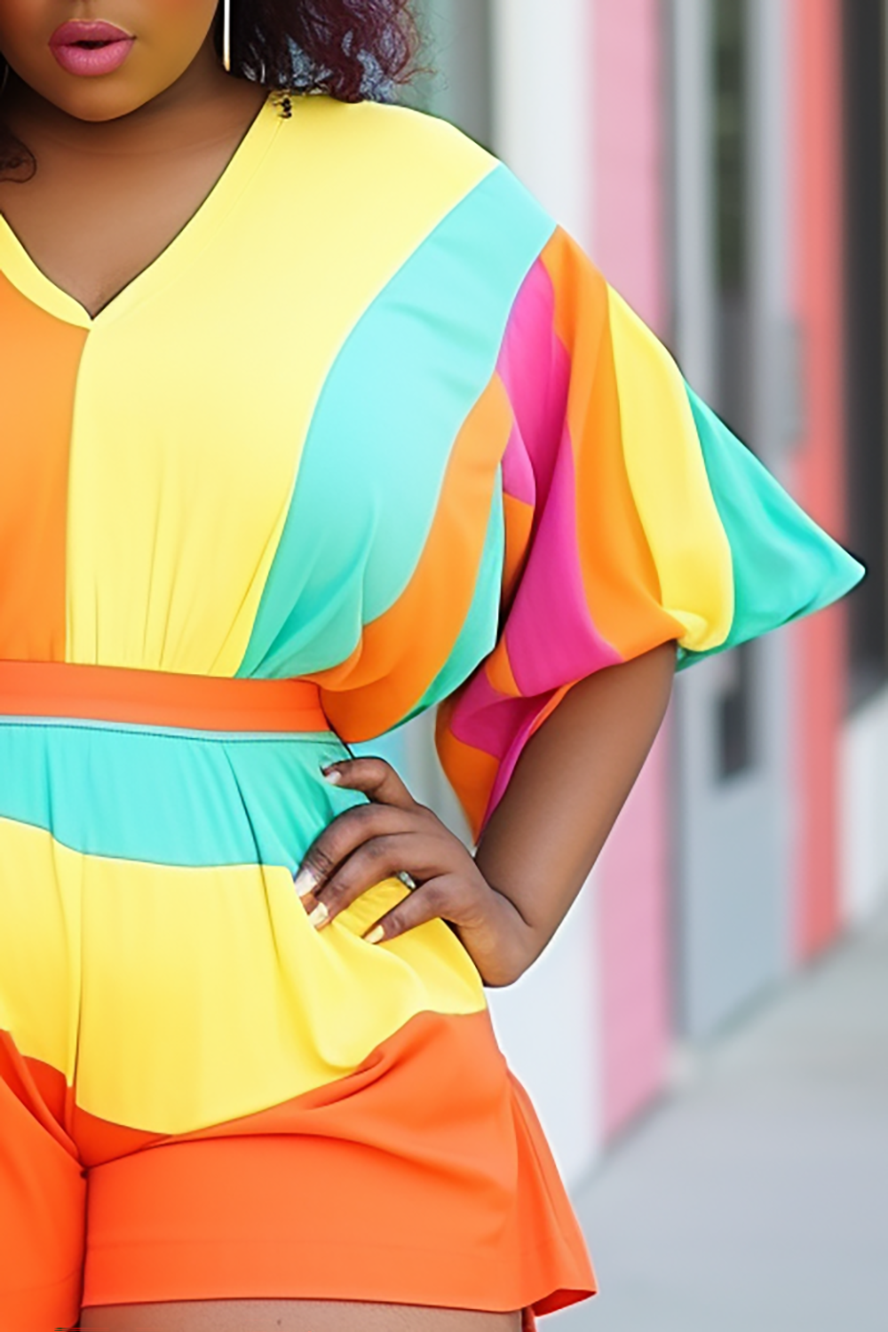 Design Plus Size Vacation Multicolor Colorblock V Neck Half Sleeve Knitted Two Piece Short Sets [Pre-Order]