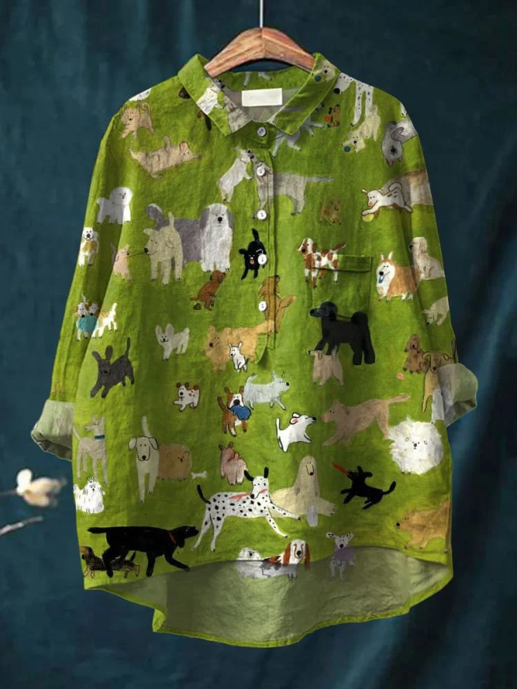 Womens Cute Dog Art Print Casual Cotton And Linen Shirt