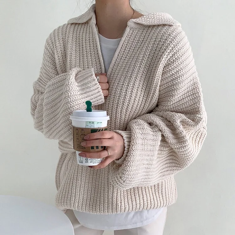 Vintage Solid Color Turn-Down Collar With Zipper Lantern Sleeve Knitted Sweater 