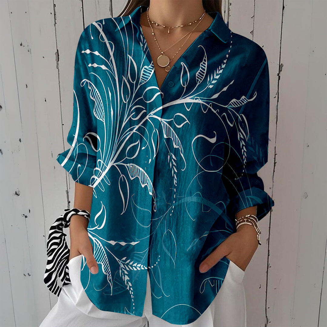 Women Long Sleeve V-neck Graphic Floral Printed Top