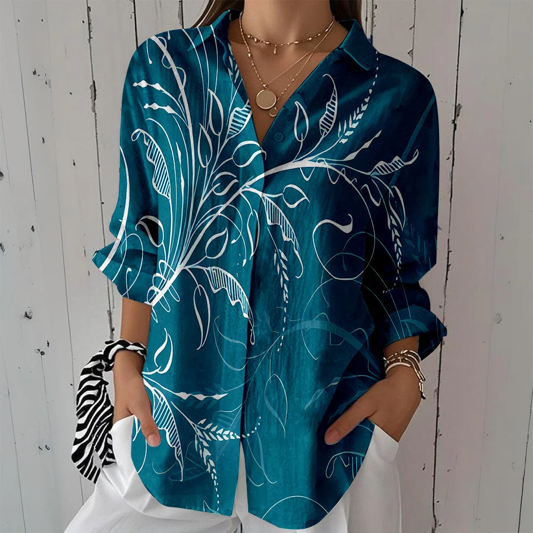 Style & Comfort for Mature Women Women Floral, Foliage, Green DZCL0456 3/4 Sleeve Shirt Collar Printed Button Tops
