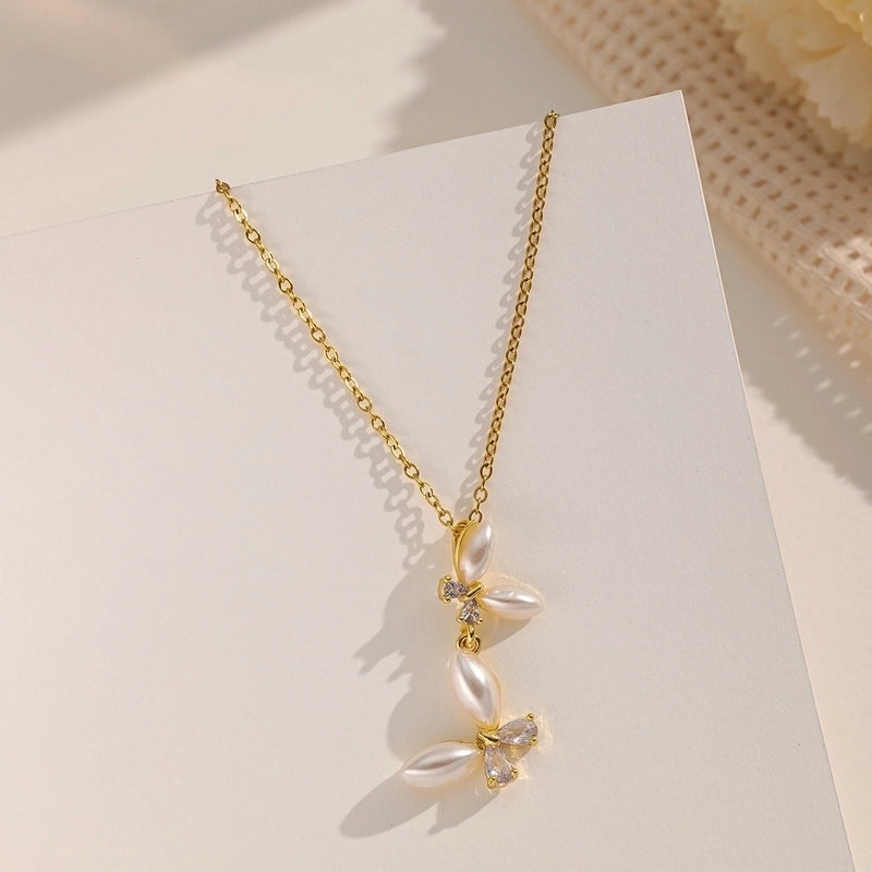 Elegant Shiny Butterfly 316 Stainless Steel  Copper Pearl Zircon Inlay Pendant Necklace
