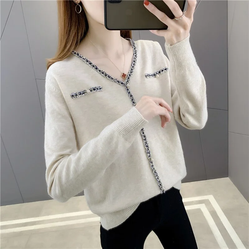 203166 room side row No.3 top] real shooting V-neck fake pocket Pullover Sweater [1000] 30