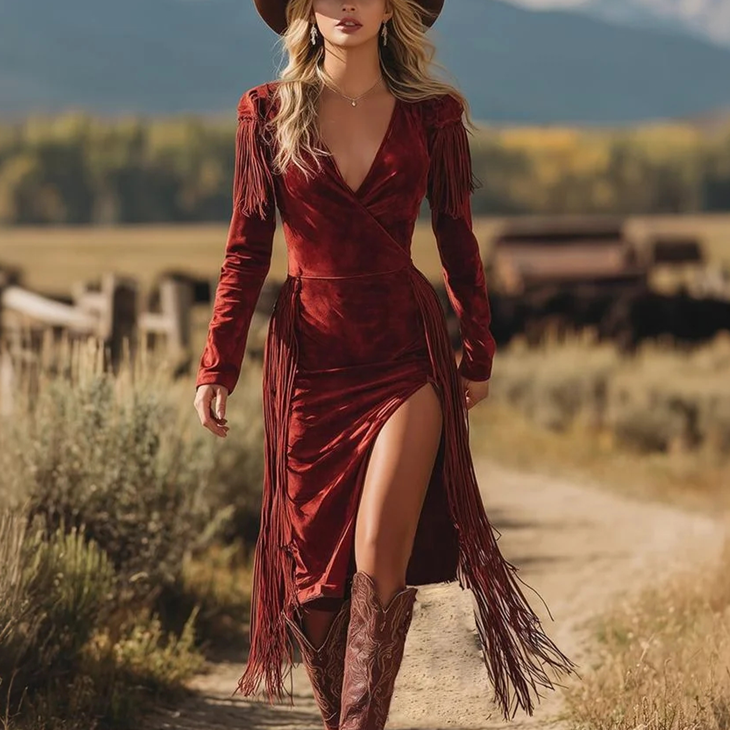 Women's Vintage Elegant Red Velvet Fringe Dress With Cowboy Boots