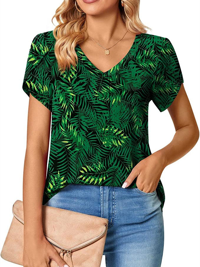 Women's Short-sleeved V-neck Geometric Flower Print Casual Top