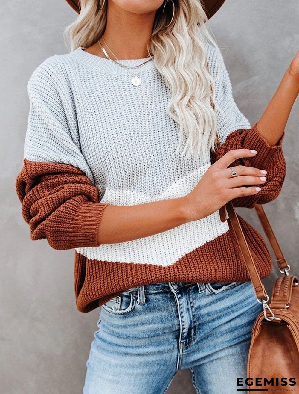 Fall/Winter Color Block Round Neck Long-sleeved Loose Sweater | EGEMISS
