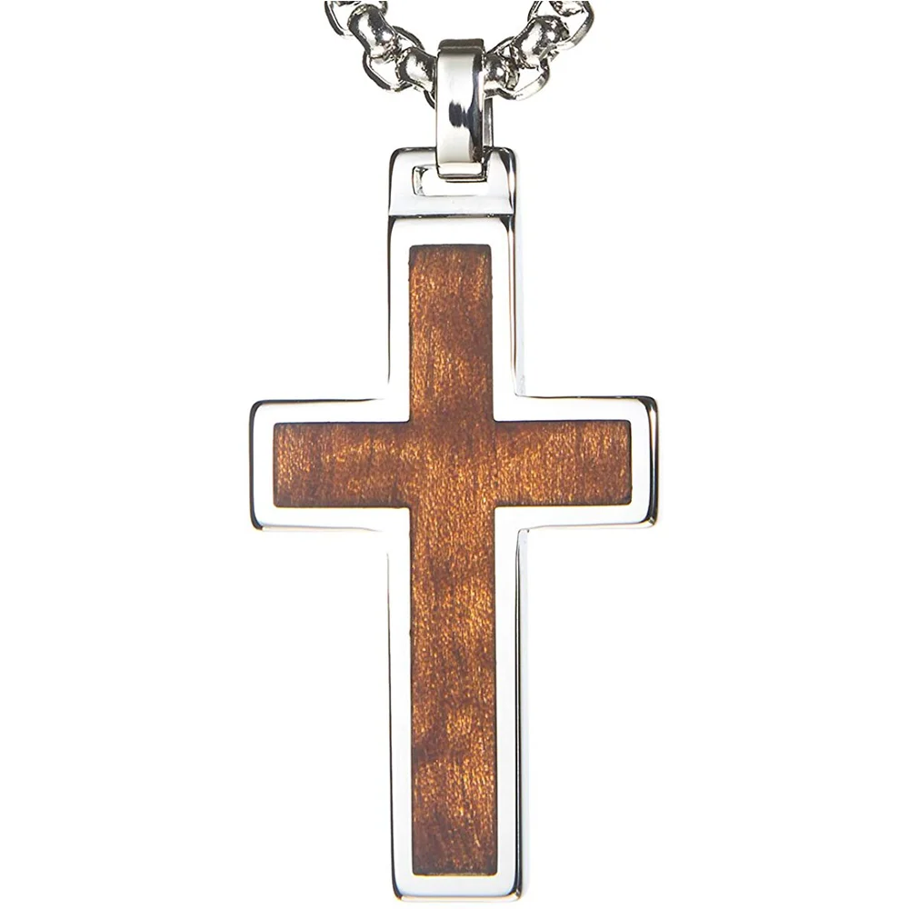 Women's Or Men's Unique Tungsten Cross Pendant .4mm Wide Surgical Stainless Steel Box Chain. Tungsten Cross Wood Inlay Necklace Jewelry Gifts For Mens And Womens