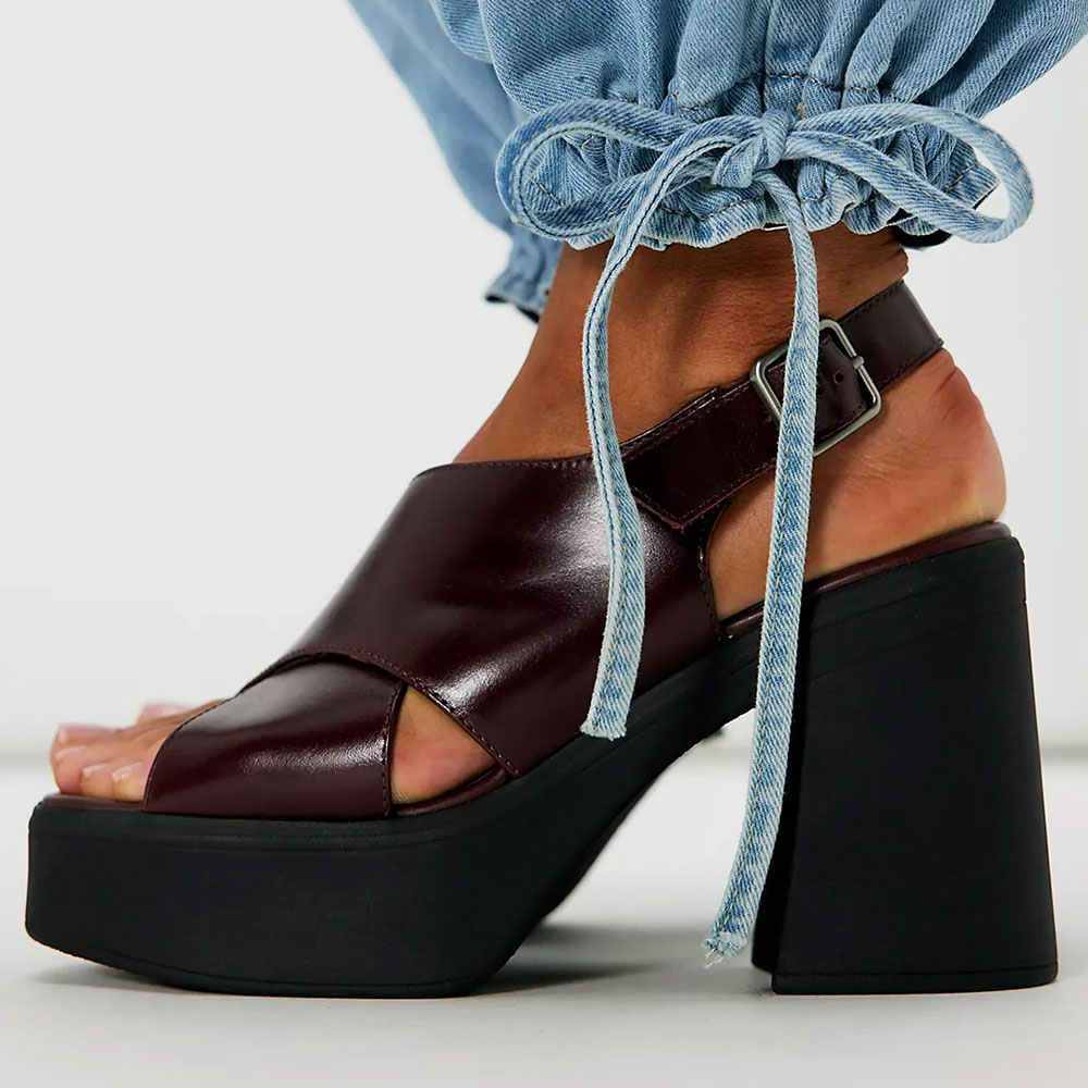 Dark Brown Open Square Toe Slingback Platform Block Heel Sandals Nicepairs