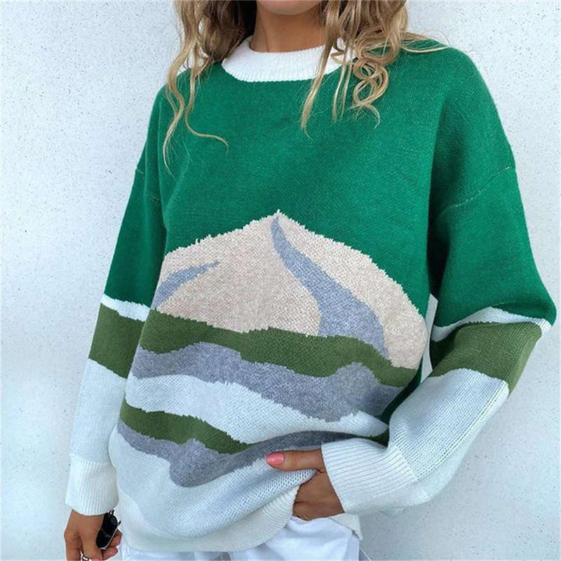 Women Knitted Color Block Loose Sweaters Long Sleeve Preppy Style Sweater Girls Autumn Winter Fashion All-Match Ladies Knitwear