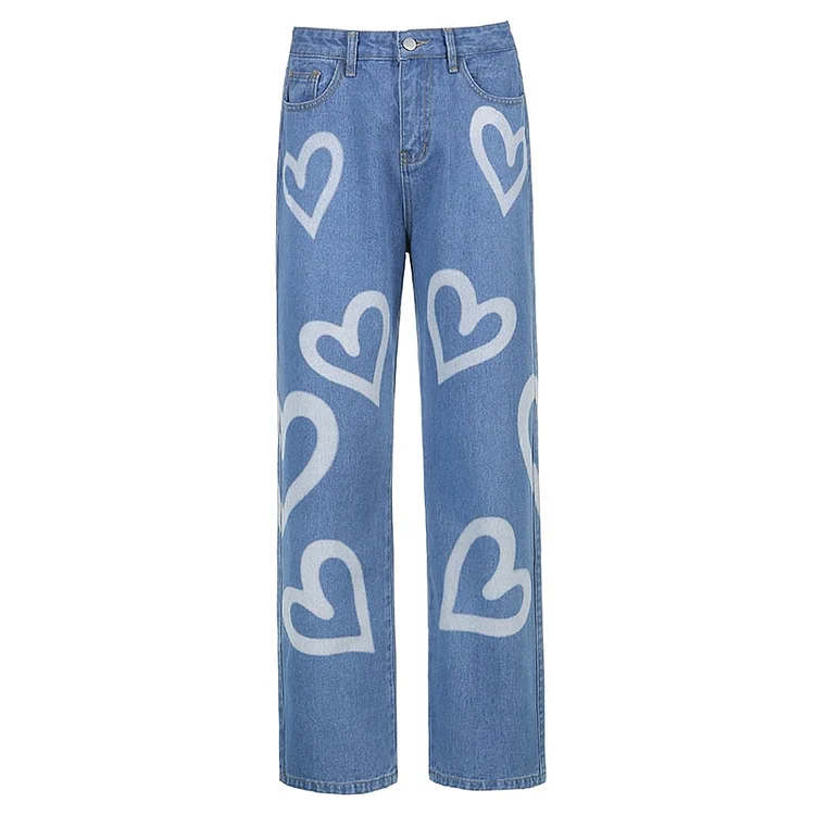 Sweetown Brown Baggy Girl Jeans Women Heart Print New Aesthetic Vintage 90s Streetwear Denim Trousers Low Waist Straight Pants