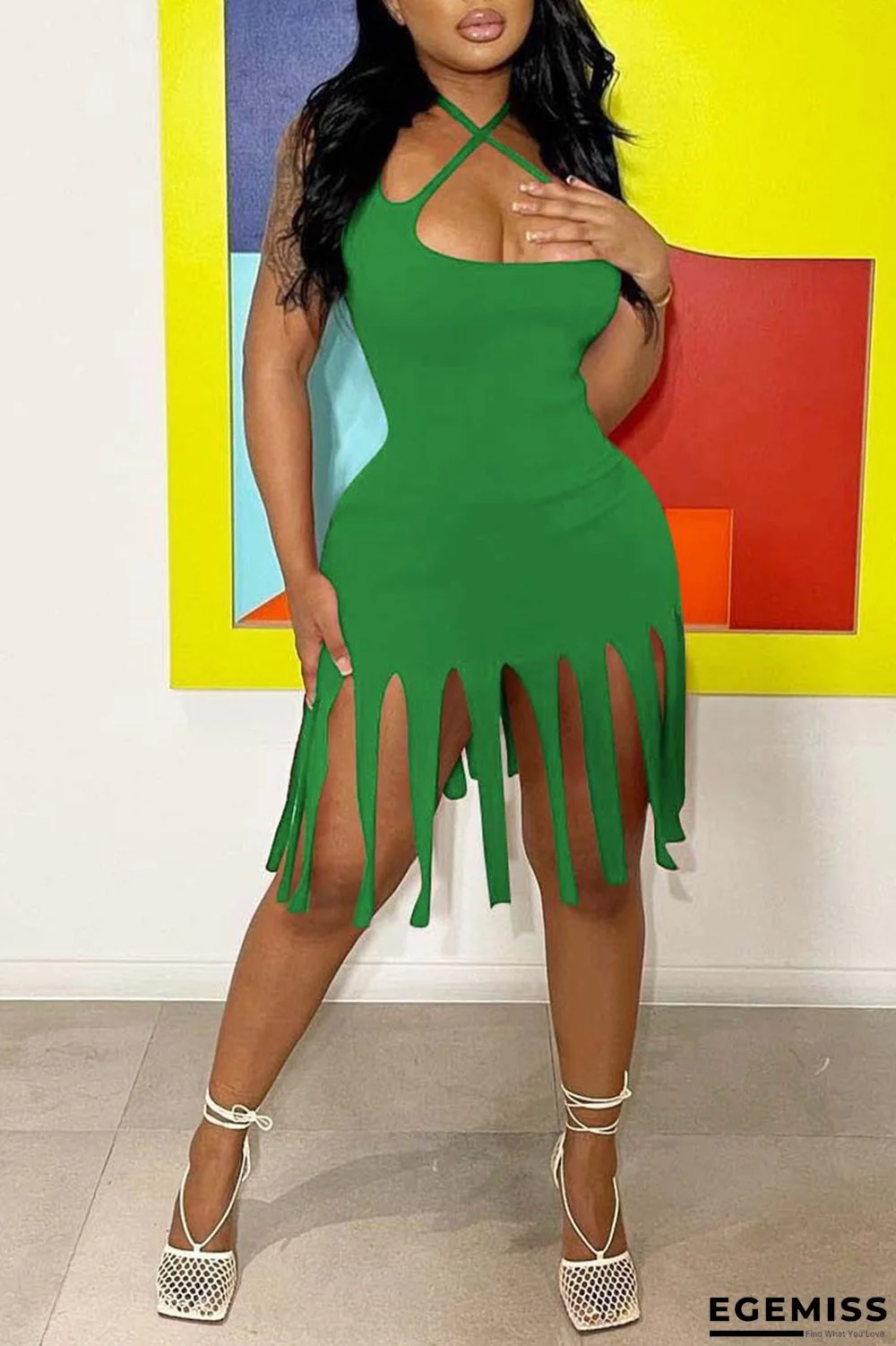 Green Sexy Solid Tassel Patchwork Pencil Skirt Dresses | EGEMISS