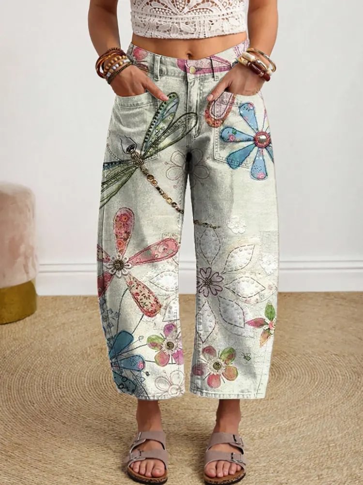 Ethnicity Texture Dragonfly Flowers Women's Art Print Jeans