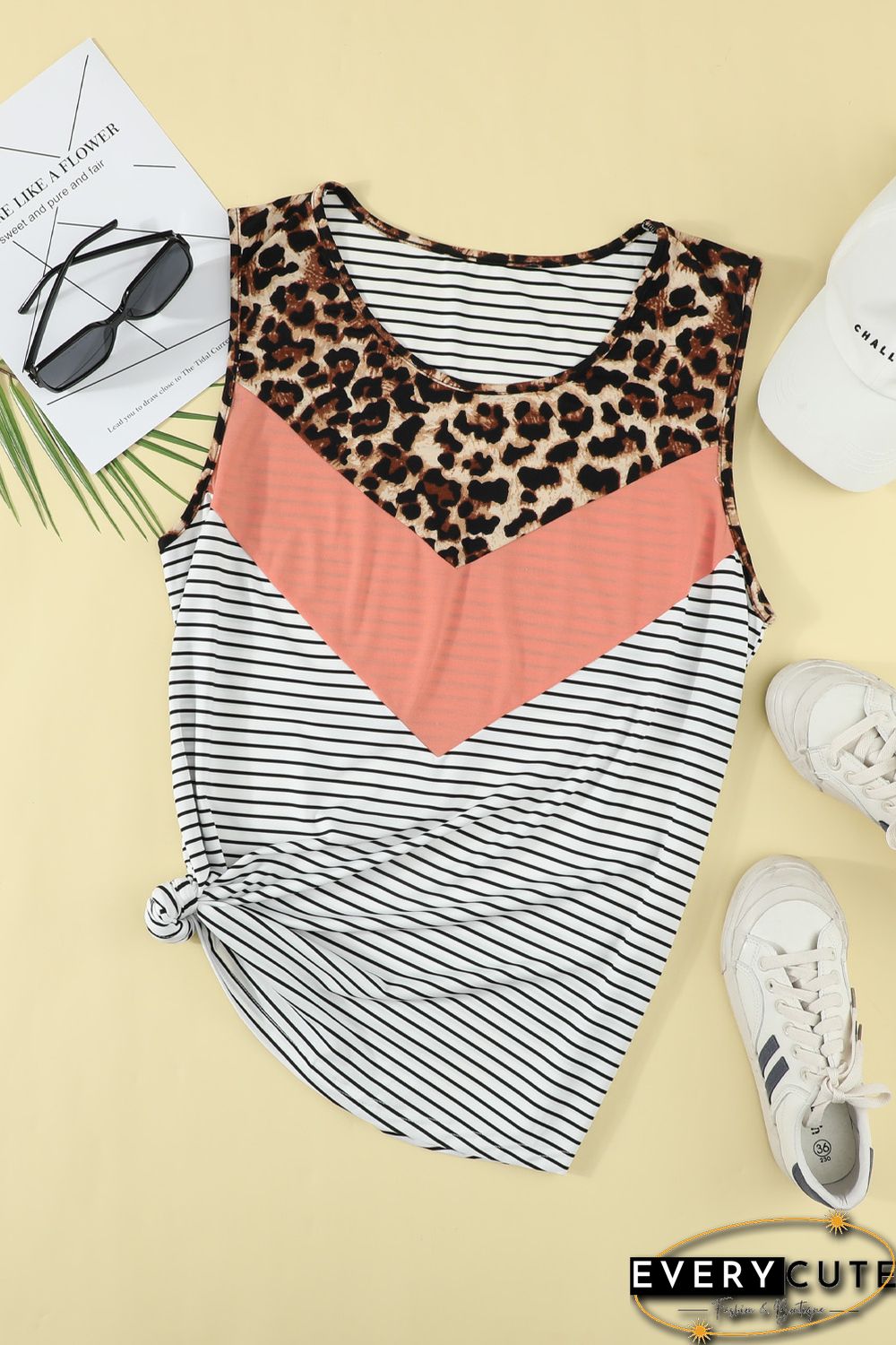 Pink Colorblock Leopard Stripes Patchwork Plus Size Tank