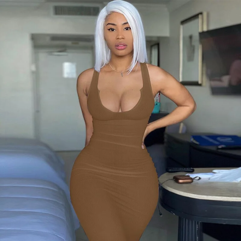 Hugcitar 2021 Sleeveless Solid Square Collar Ribbed Skinny Maxi Dress Spring Summer Women Fashion Sexy Streetwear Lounghe Wear