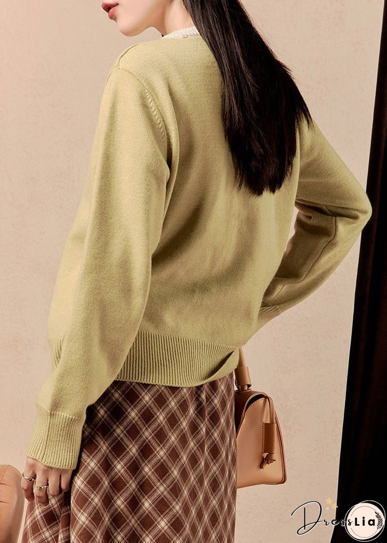 Women Yellow O Neck Button Knit Coats Winter