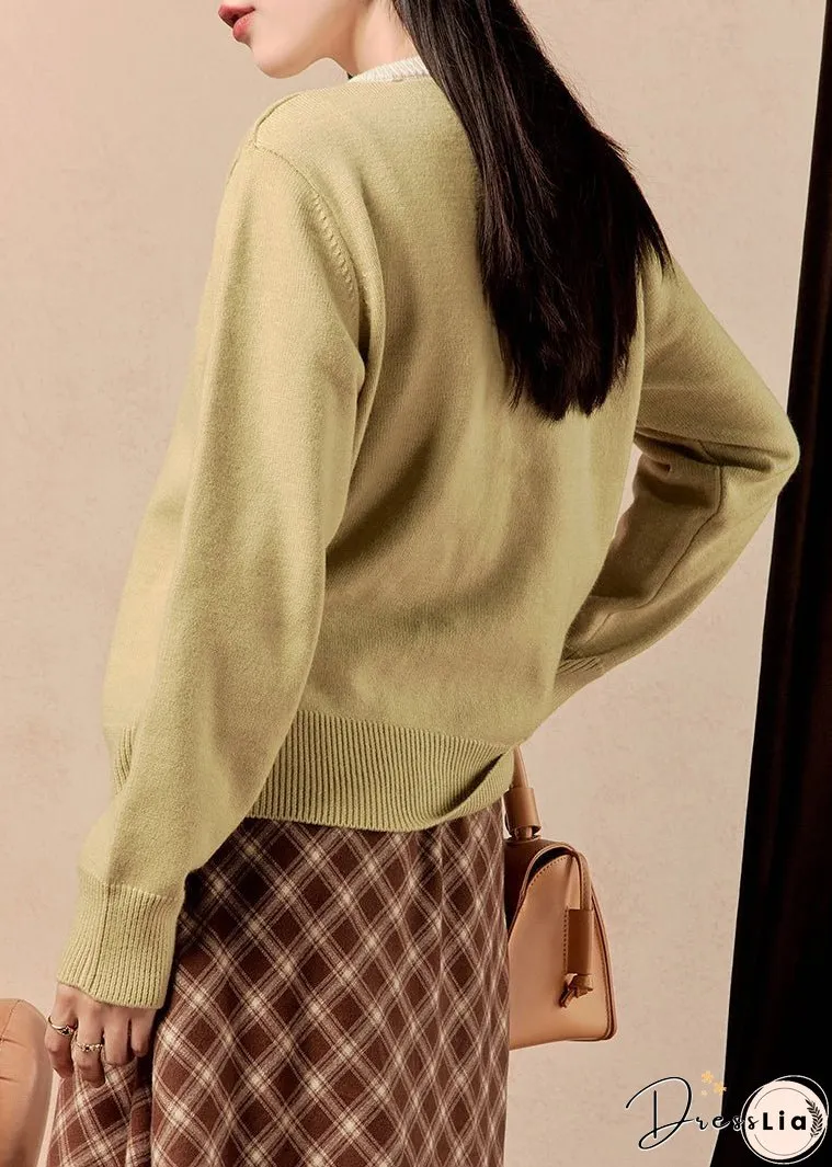 Women Yellow O Neck Button Knit Coats Winter